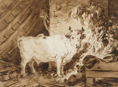 White Bull and a Dog in a Stable by Jean Honore Fragonard